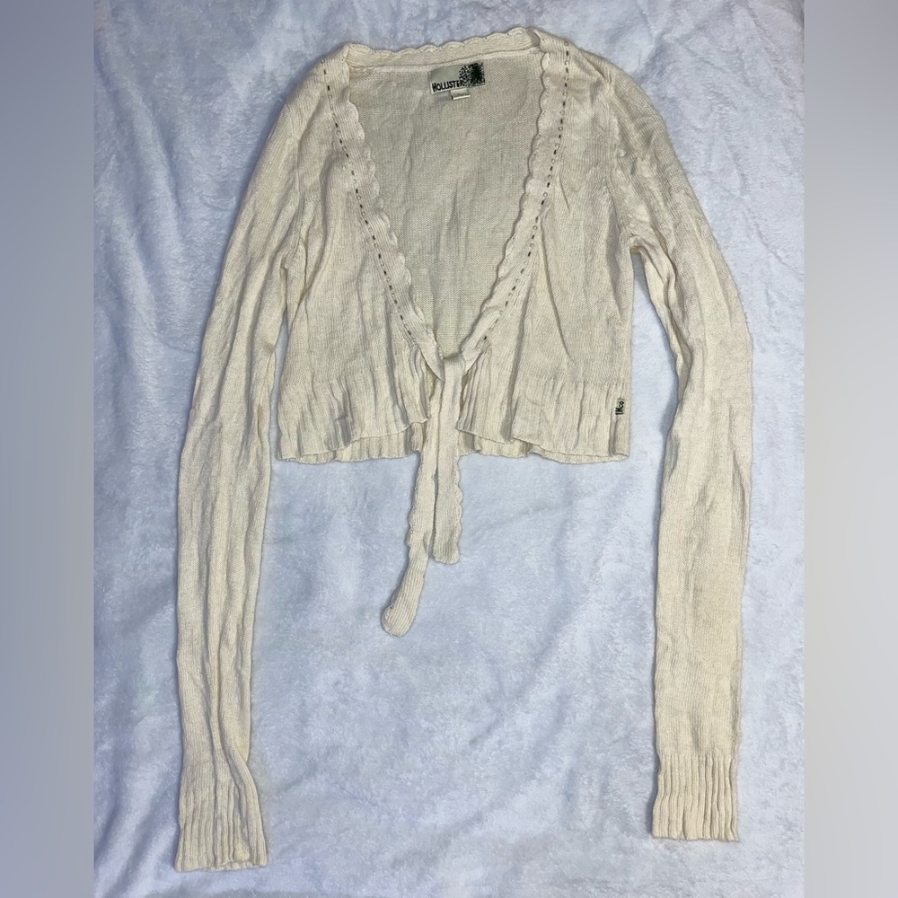 Vintage Hollister Y2K Cream Tie Front Cropped Beaded Sequin Sweater Cardigan